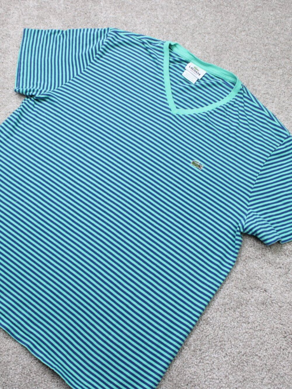 Lacoste Men's Short Sleeve V-Neck Striped Tee in Teal and Navy - Picture 3 of 10